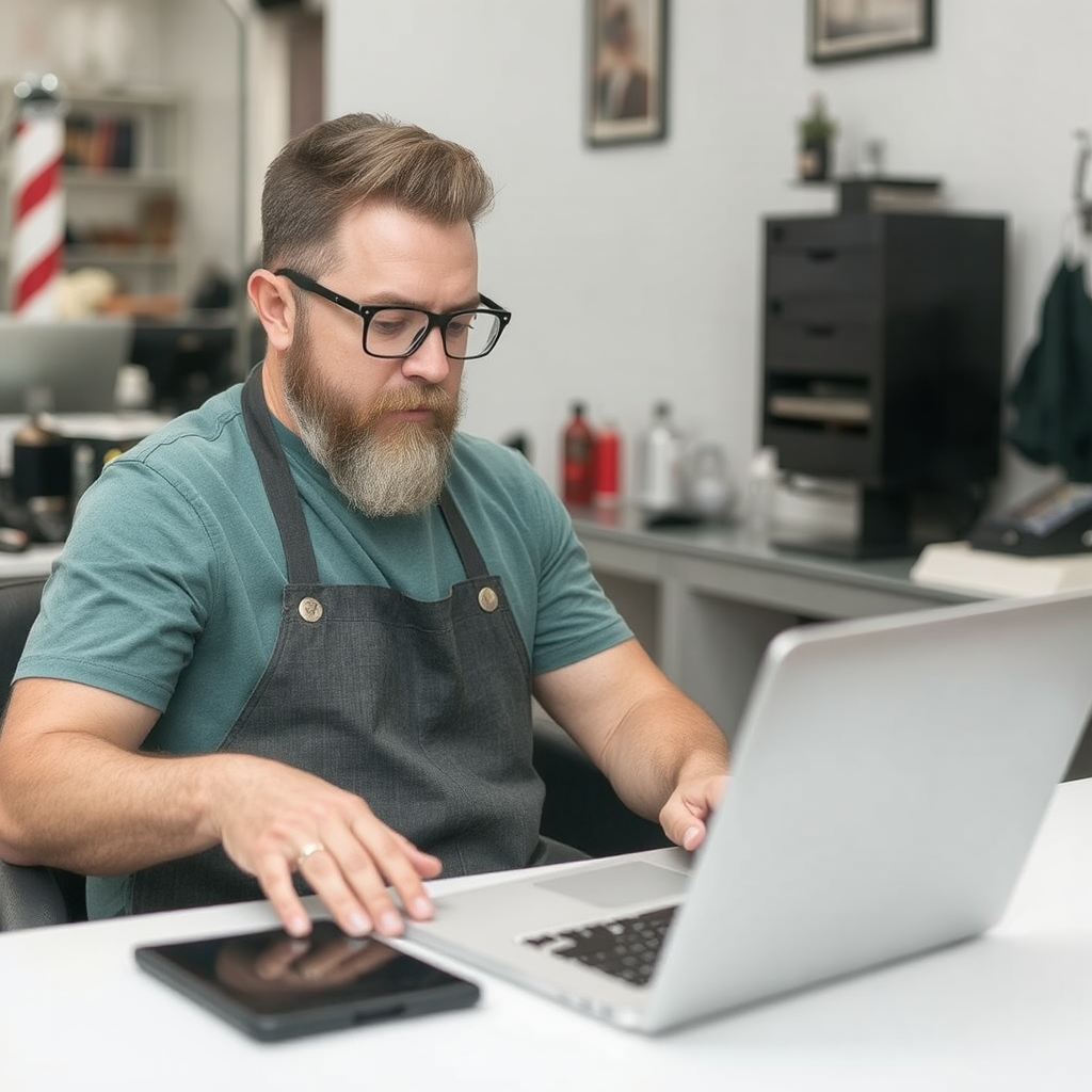 barber owner analyzing Google Reviews on a laptop