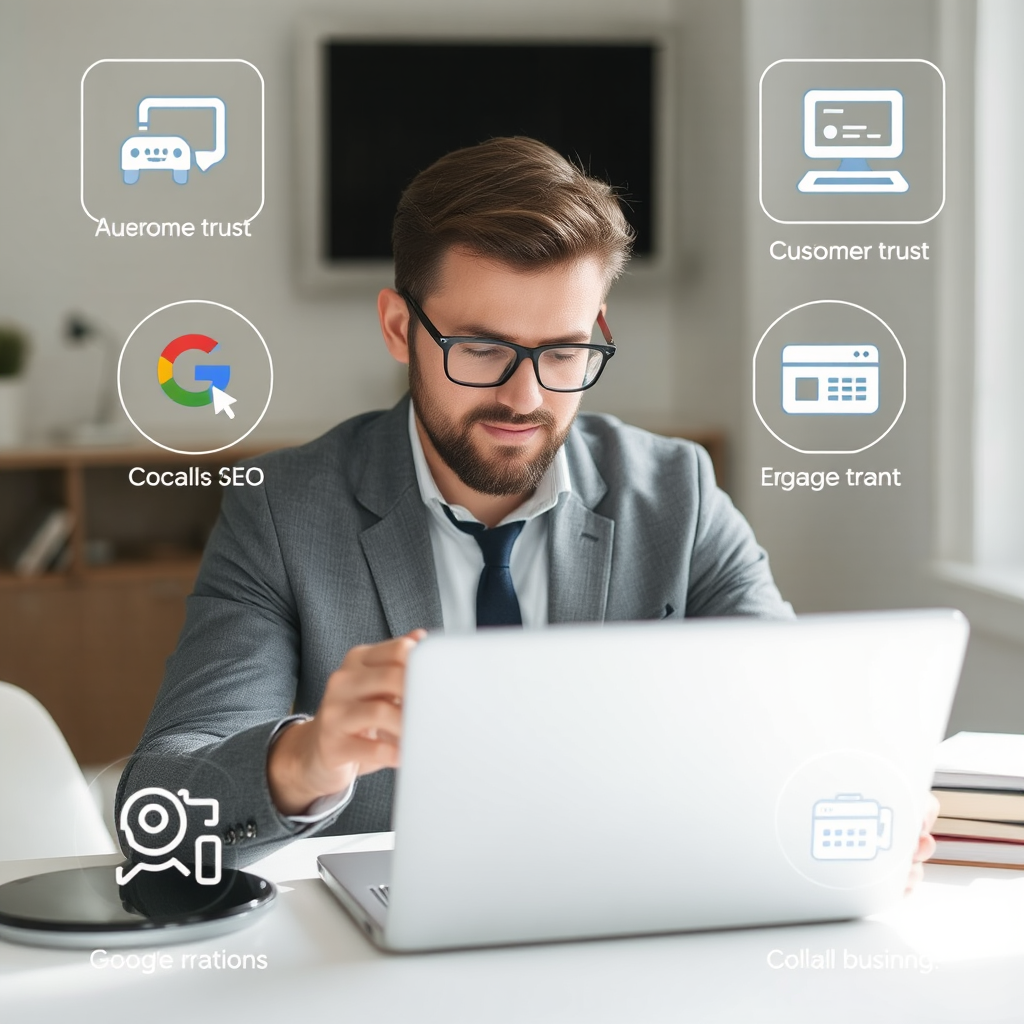 small business owner reviewing Google ratings on a laptop, surrounded by icons representing customer trust